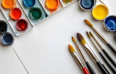Flat lay of watercolor brushes and paints on white paper, artistic workspace