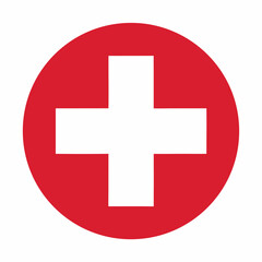 Red and white Swiss cross symbol on a circular background logo sign