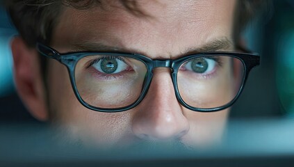Close-up of a man's focused eyes, wearing glasses, gazing intently