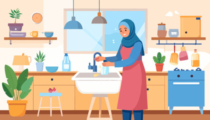 Fototapeta premium Woman wearing hijab washing dishes in kitchen.