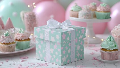 Pastel-themed birthday setup with a gift box, cupcakes, and balloons