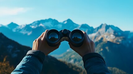 Person holding binoculars looking at distant mountains, adventure theme, clear blue sky