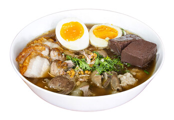 Asian Noodle Soup: A mouthwatering close-up showcases an authentic Asian noodle soup, featuring rich broth, tender pork belly, savory eggs, and delectable textures