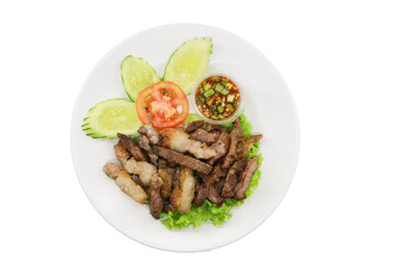 Sizzling Meat Delight: A culinary masterpiece awaits as perfectly grilled meat sits gracefully on a pristine plate, enhanced by vibrant garnishes of cucumber and tomato.