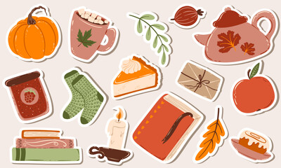 Cozy Autumn Stickers. Fall Hygge Sticker Collection. Vector Illustrations
