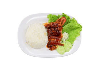 Delicious Dish: A top-down perspective showcases a tempting meal, with glistening rice, succulent grilled meat coated in a vibrant sauce.