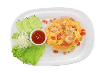 Shrimp Omelette Delight: A delectable shrimp omelette, presented on a white plate with cucumber and lettuce, offers a vibrant burst of flavor, complete with a savory dip