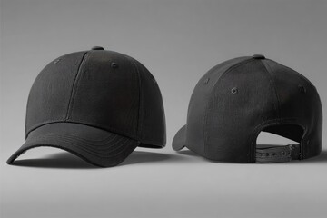 Two identical dark gray/black baseball caps presented in a studio setting