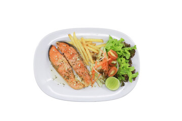 Salmon Meal Platter: A beautifully arranged plate featuring grilled salmon, accompanied by a vibrant mix of fresh salad, crispy french fries, and a slice of lime.