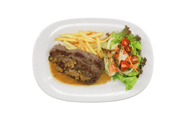 Gourmet Steak Dish: A top-down view of a beautifully plated gourmet steak dinner, a culinary masterpiece with a juicy steak, crispy fries, and fresh salad.