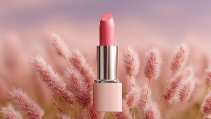 Pink lipstick in a soft pink case, surrounded by fluffy pink grasses