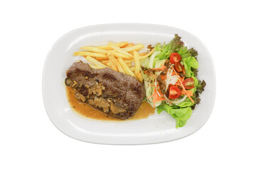 Gourmet Steak Dinner: A top-down view of a delicious and meticulously presented gourmet steak dinner, with a perfectly cooked steak, crispy fries, and a fresh, vibrant salad.