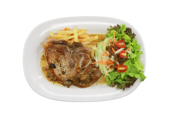 Savory Steak Delight: A mouthwatering plate of grilled steak, accompanied by golden french fries and a fresh garden salad, creates a culinary masterpiece, perfect for food lovers.