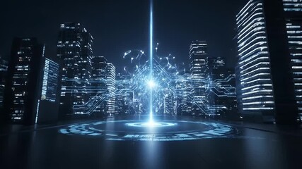 Futuristic digital cityscape at night with network connection visualization - Powered by Adobe