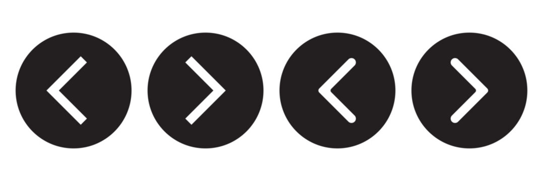 Left and right icon set collection. Circular backward and forward arrow icons. Flat design directional arrow symbols. Monochrome left and right arrow buttons. Vector illustration 