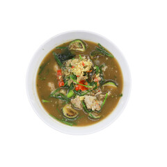 Aromatic Culinary Delight: a top-down shot showcases a vibrant bowl, teeming with a medley of colorful ingredients and flavorful broth