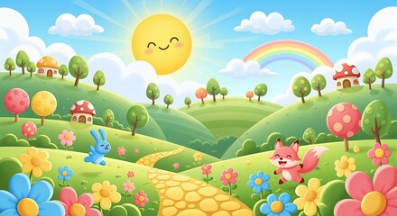 Enchanted Hills: A whimsical journey of a bunny and fox in a fairytale landscape, under a bright sun and a rainbow.