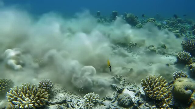 Underwater coral reef scene with sediment cloud