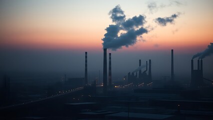 Obraz premium Industrial landscape at dusk with smokestacks and atmospheric haze, rendered in moody colors with soft focus.