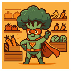 Super Broccoli Hero in Grocery Aisle &ndash; Flat Vector Illustration