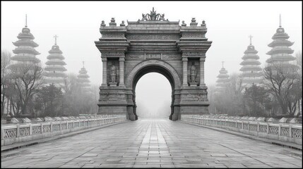 Fototapeta premium Archway and pagodas in foggy landscape stone bridge with decorative railing