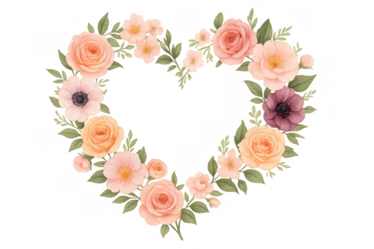 Heart shaped floral frame with roses and anemones on transparent background - Powered by Adobe