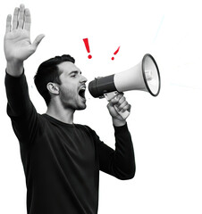 Man with megaphone shouting left hand raised white border isolate collage art announcement protest rally