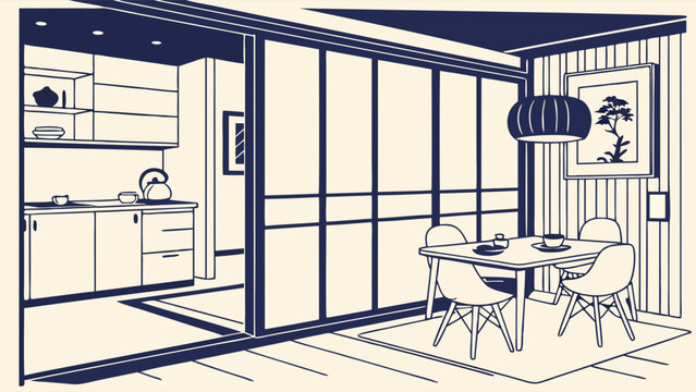 Modern dining room with kitchen interior design.