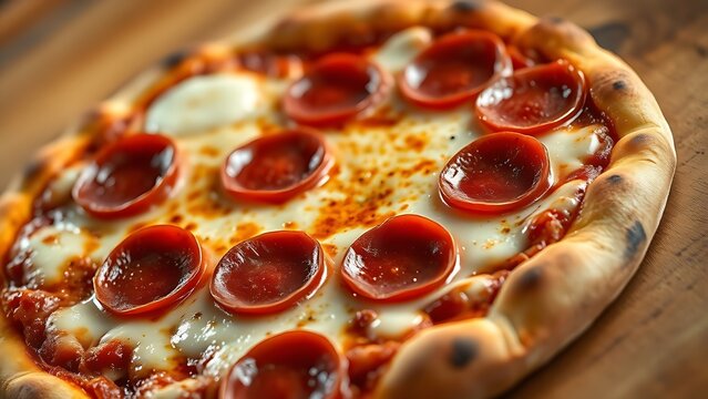 Close-up of a pepperoni pizza with melted cheese, showcasing appetizing details.