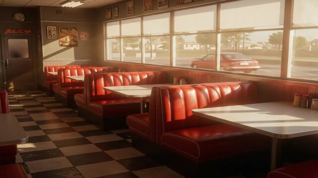 Cozy diner interior with red booths, sunlight streaming through windows, and a passing car outside