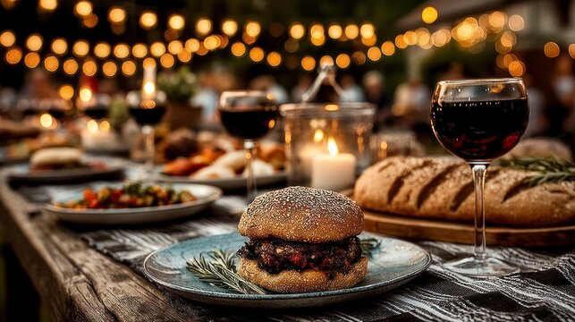 Outdoor dining table with burgers bread wine candles and string lights - Powered by Adobe