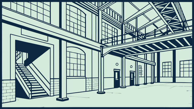 Interior of a large industrial building with staircase and windows.