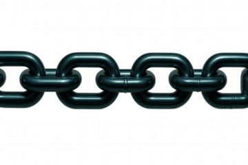 Metallic chain links interlocking tightly, symbolizing industrial connectivity, industrial resilience, security, against transparent background