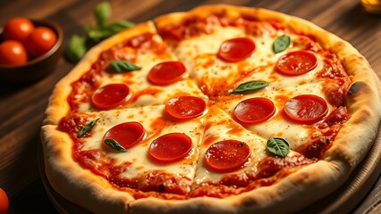 Freshly baked pepperoni pizza with gooey cheese, captured from above in warm inviting light.