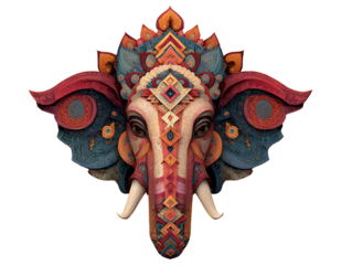 Top-Down Stylized Lord Ganesha Head with Geometric Patterns and Vibrant Color Palette, Overhead Perspective, Isolated on Transparent Background