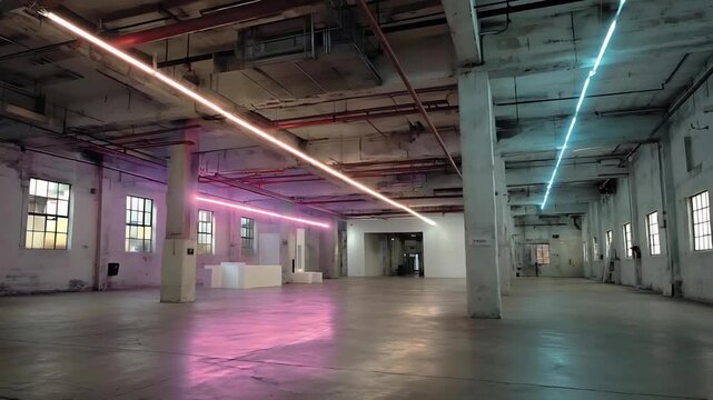Modern industrial space with colorful neon lights, showcasing an empty gallery atmosphere