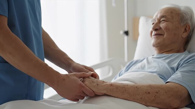 Comforting hand. Young nurse holding old man's hand. Senior care, care taker and senior retirement home service concept. Zoom in shot.