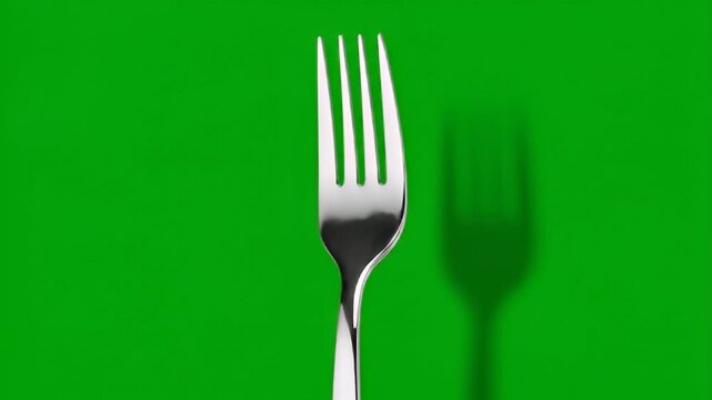 Shiny fork silverware on green background studio shot simple kitchen object