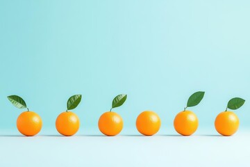 Group of fresh bright orange fruits with green leaves lined up on a smooth surface against a pastel blue background