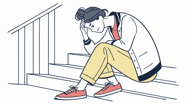 Sad young person sitting on stairs.