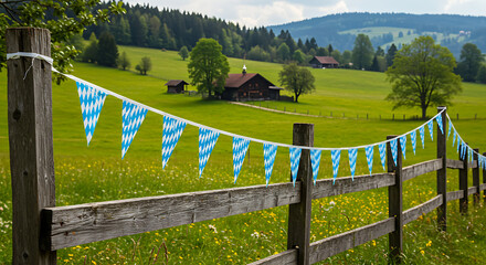 Idyllic Bavarian Landscape with Garland Flags A Scenic View of Nature and Festivity