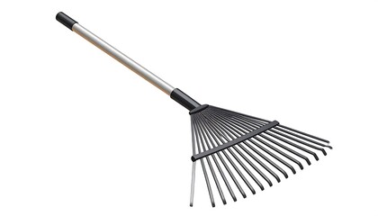 A Black Metal Leaf Rake with a Silver Handle on a White Background.