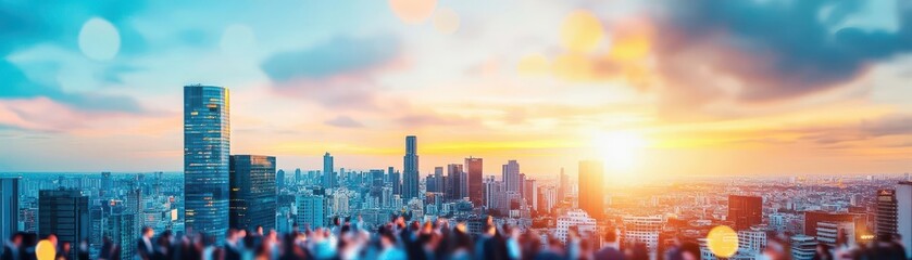 Fototapeta premium Panoramic cityscape view du sunset with tall skyscrapers and modern buildings illuminating the vibrant urban skyline in the evening light