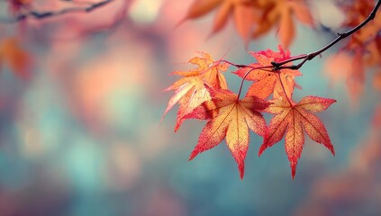 Autumn maple leaves in vibrant reds and oranges, with blurred background