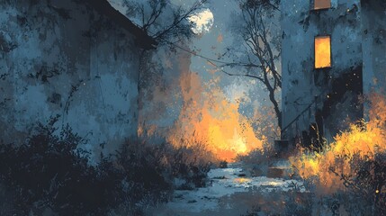 Fototapeta premium A captivating winter scene where a tranquil river winds its way through a mystical forest illuminated by the soft glow of the moon and creating a serene and magical atmosphere
