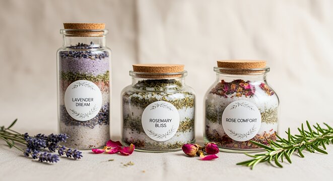Aromatic Bath Salts Collection: Lavender Dream, Rosemary Bliss, Rose Comfort