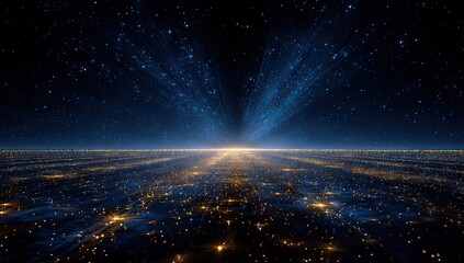Digital cityscape with beams of light reaching into the starry night sky