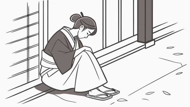 a woman in traditional Japanese clothing sitting by a window.