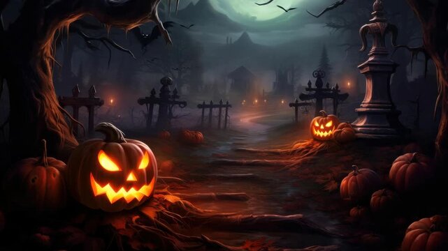 Eerie Halloween scene with glowing pumpkins and a bat in a graveyard. Low-angle view creates a cinematic video atmosphere. Live desktop wallpaper.