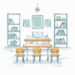 Fototapeta premium A modern office interior with desk and bookshelves.